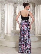 Black V-neck Basque Printed Flowers Column Skirt Wedding Anniversary Wear