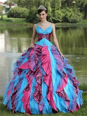 Auqa Organza and Fuchsia-Black Zebra Consecutive Ruffles Quinceanera Dress Puffy