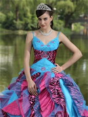 Auqa Organza and Fuchsia-Black Zebra Consecutive Ruffles Quinceanera Dress Puffy