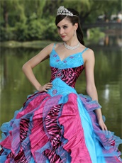 Auqa Organza and Fuchsia-Black Zebra Consecutive Ruffles Quinceanera Dress Puffy