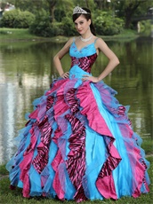 Auqa Organza and Fuchsia-Black Zebra Consecutive Ruffles Quinceanera Dress Puffy