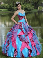 Auqa Organza and Fuchsia-Black Zebra Consecutive Ruffles Quinceanera Dress Puffy