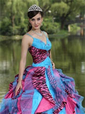 Auqa Organza and Fuchsia-Black Zebra Consecutive Ruffles Quinceanera Dress Puffy