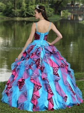 Auqa Organza and Fuchsia-Black Zebra Consecutive Ruffles Quinceanera Dress Puffy