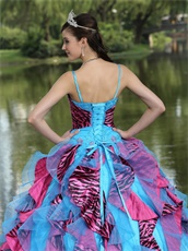 Auqa Organza and Fuchsia-Black Zebra Consecutive Ruffles Quinceanera Dress Puffy