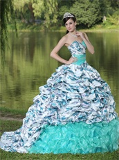 Apple Green Printed Floral Bubble Train Sunshine Quinceanera Gowns Boutique