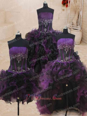 Four Pieces Purple and Black Match Detachable Military Court Ball Gown Wear Changeable