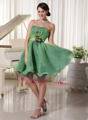 Green Cute Organza Cocktail Dress With Handmade Flower Waistline Unique