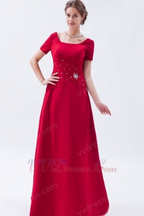 Exquisite Square Short Sleeves Wine Red Evening Dress