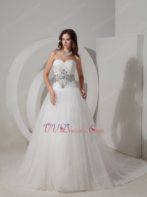 Crystals Lace Up Sweetheart Puffy Bridal Dress With Chapel Train