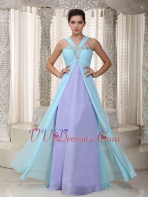 Aqua Blue and Lavender Chiffon Prom Dress V Neckline Inexpensive