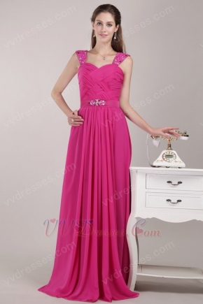 Beaded Wide Straps Deep Pink Chiffon Skirt Pageant Dress