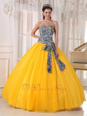 2014 Dark Yellow Quinceanera Dress With Printed Fabric Bodice Design