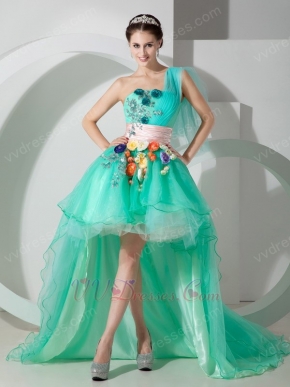 High Low Vivid Spring Green Prom Dress With Flowers