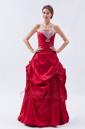 Strapless Floor Length Wine Red Taffeta Women In Prom Dress