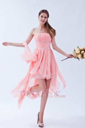 Strapless Ruched Bodice Draped Asymmetrical Pink Party Dress