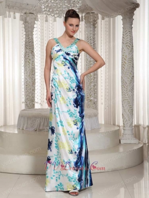 Colorful Imitated Silk Printed Fabric Column Prom Dresses Straps V Neck