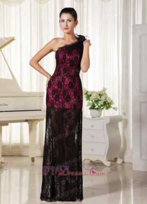 Left Single Strap Feather Decorate Black Lace Evening Gowns With Half Lining