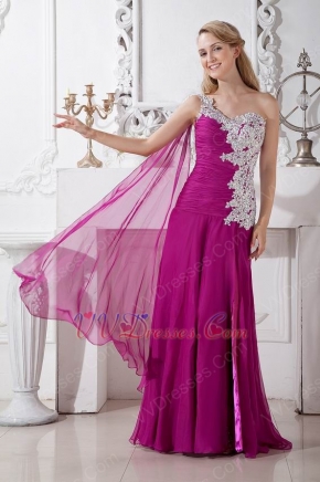 Appliqued One Shoulder Plum Chiffon Long Prom Dress With Split