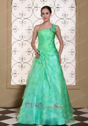 Memorable One Shoulder A-line Flowers Decorate Apple Green Pageant Gown