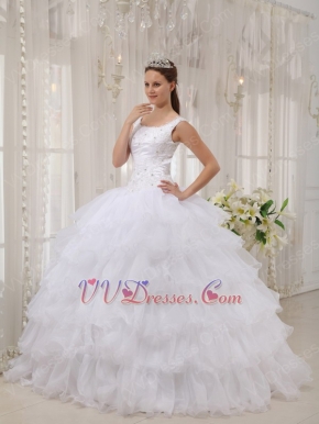 Square Neckline Cascade Ball Gown White Quinceanera Dress