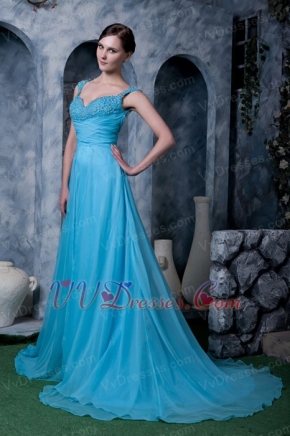 Straps Sweep Train Aqua Blue Chiffon Prom Dresses For Lady Wear Inexpensive