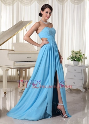 Aqua Blue High Slit Decorate Bust Prom Dress For Custom Made Inexpensive