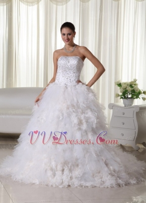 Luxurious Embroidery Feather Wedding Dress With Chapel Train Low Price