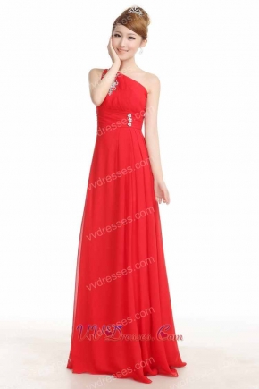 Single Strap Red Long Chiffon Homecoming Dress With Crystal Embellished