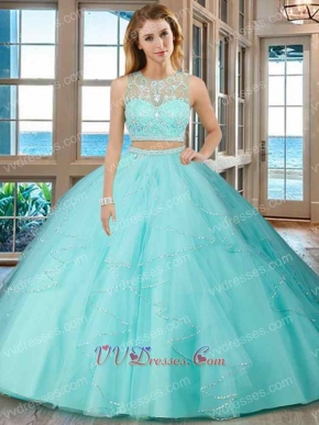 Ice Blue Two Pieces Show Waist Sweet 16 Ball Gown With Shiny Silver Sequin Tape