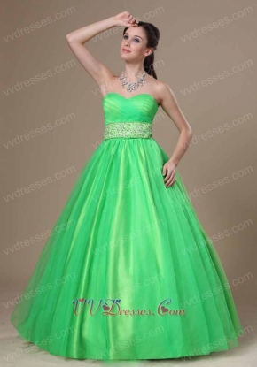 Strapless Spring Green Ball Gown Fully Beading Belt Ribbon Back