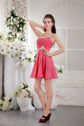 One Shoulder Short Chiffon Coral Red Sweet 16 Dress With Applique