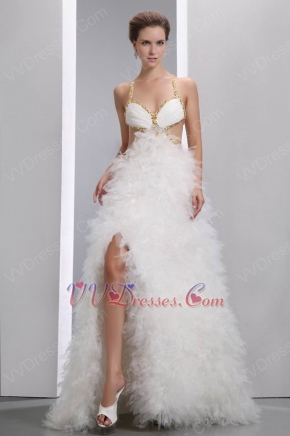 Backless Front Split Ruffled Skirt Prom Dress With Golden Crystal