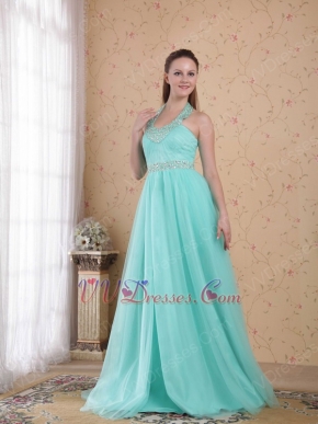 Popular Empire Halter Floor-length Aqua Beaded Lady Prom Dress