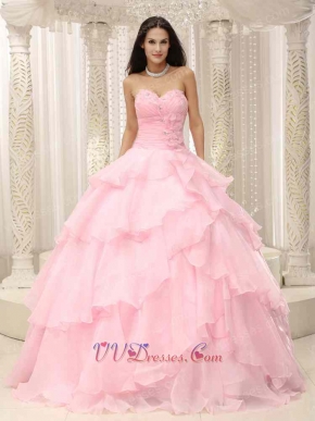 Baby Pink Thick Organza Crossed Layers Quinceanera Court Gown