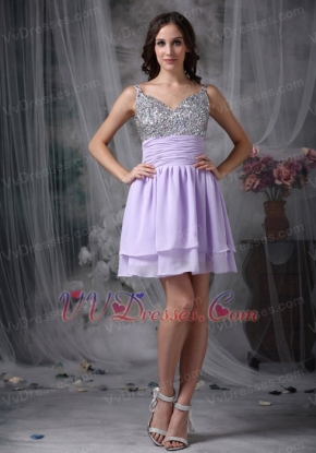 Straps Lilac Chiffon Short Prom Dress With Coloured Crystals Knee Length Sexy