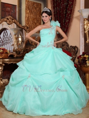 One Shoulder Aqua Blue Organza Puffy Quinceanera Dress