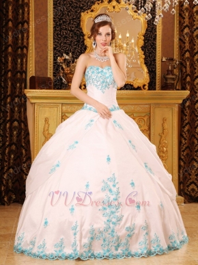 White Quinceanera Dress With Blue Appliques Dentate Bottom