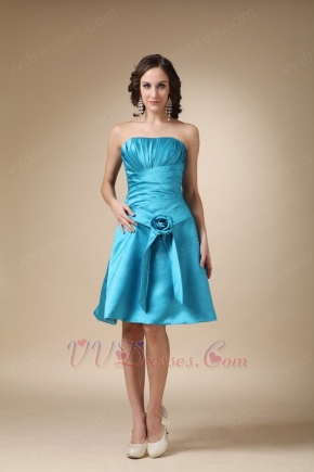 A-line Strapless Knee-length Sky Blue Girls Bridesmaid Dress