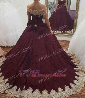 Burgundy Evening Quinceanera Gown Gold Appliques With Bowknot Back