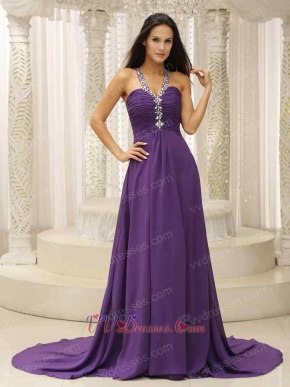 Medium Purple Show Back Chiffon Evening Gown First Choice