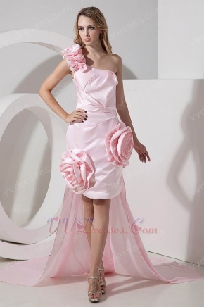 Unique One Shoulder Detachable Train Pink High Low Prom Dress
