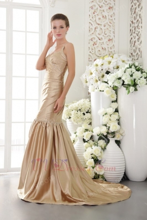 Straps Champagne Mermaid Beaded Women Evening Dress