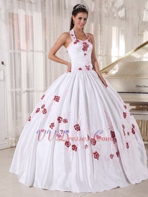 Halter White Quinceanera Dress With Wine Red Embroidery
