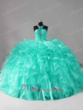 Hollow Out Cleavage Apple Green Ruffles Sweep Train Vestidos De Quinceanera Queen