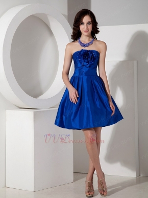 Handmade Flower Decorate Cobalt Blue Short Bridesmaid Dress