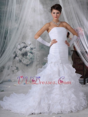 Cheap Ruffled Mermaid Skirt White Wedding Dress Strapless Low Price