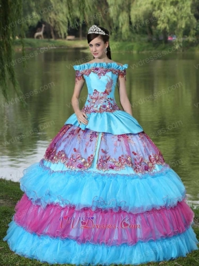 Exclusive Off Shoulder Appliques Cakes Ball Gown Quinceanera Dress Aqua