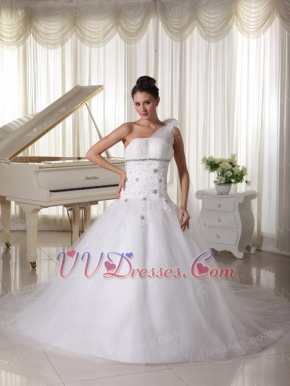 One Shoulder Wedding Gown Watteau Train With Appliques Bodice Low Price