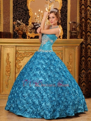 Teal Rolled Flowers Fabric Quinceanera Dress At Cheap Price